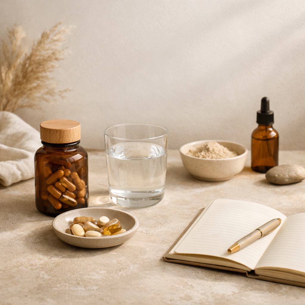 Premium dietary supplements featuring capsules, powdered formula, and essential oil.