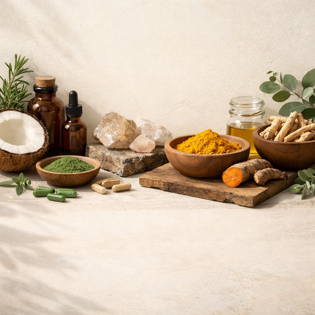Natural health ingredients including turmeric, herbs, supplements, and oils presented in a clean, minimal setting.