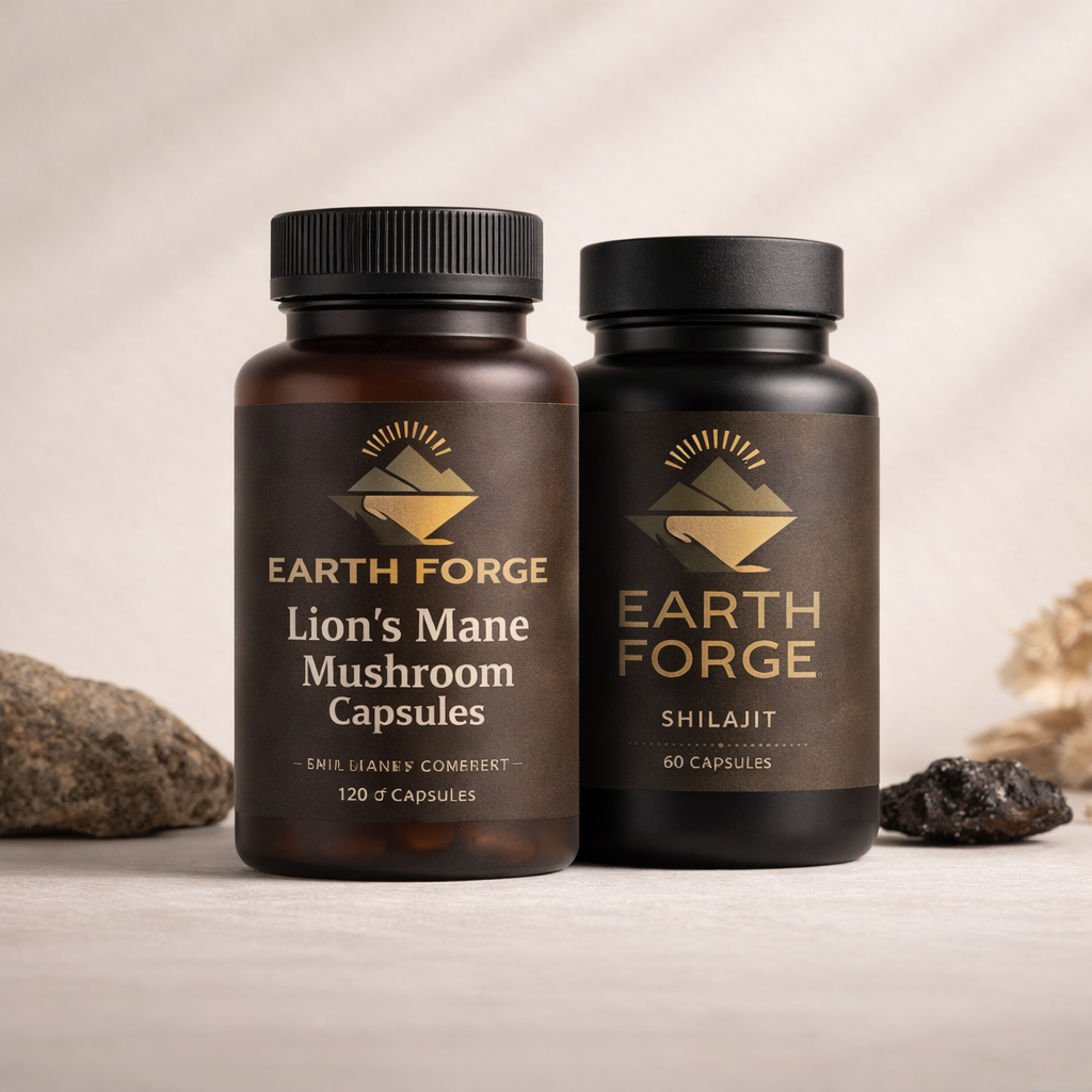 Earth Forge Lion’s Mane (120 capsules) and Shilajit (60 capsules) supplements.