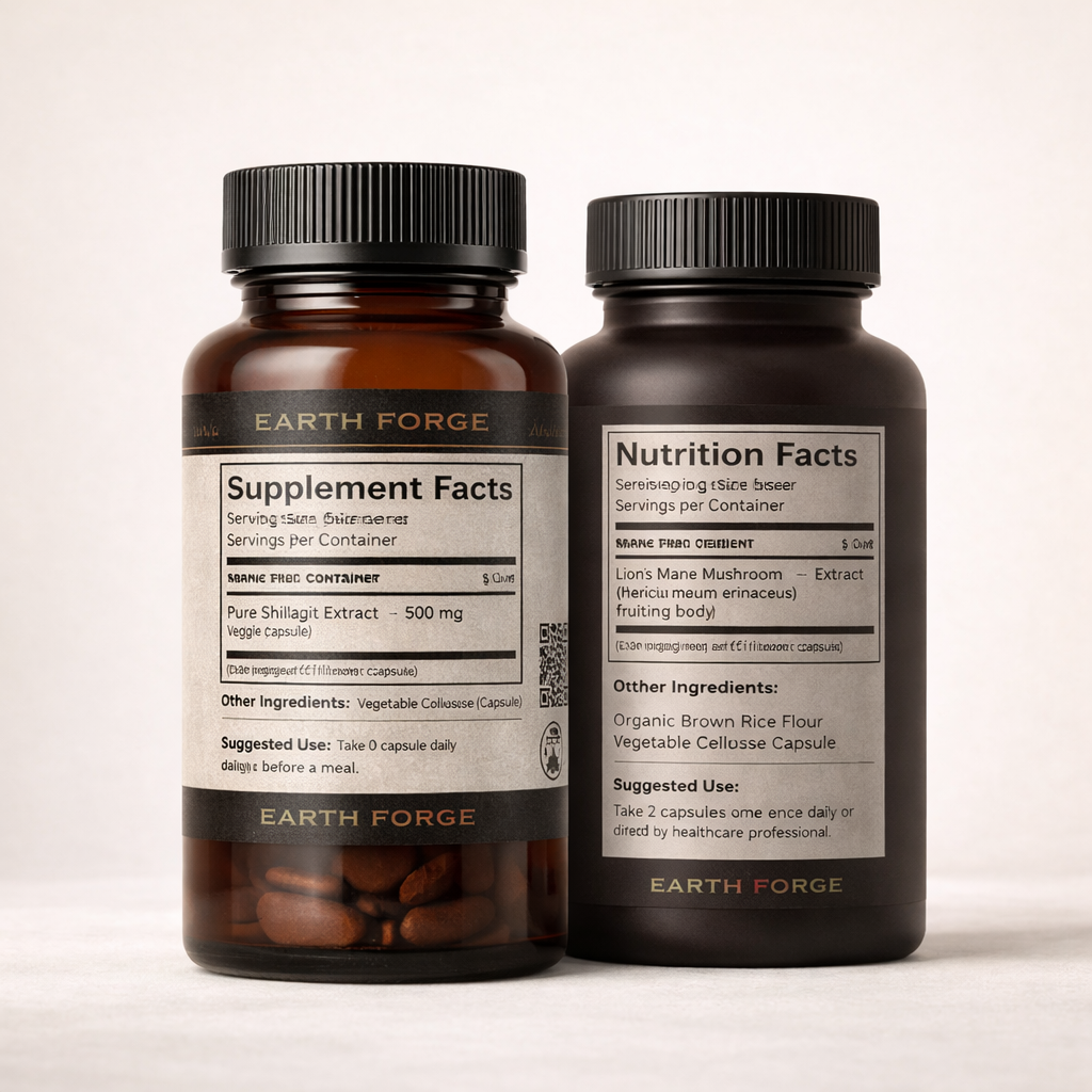 Shilajit extract and Lion’s Mane supplement bottles labels.