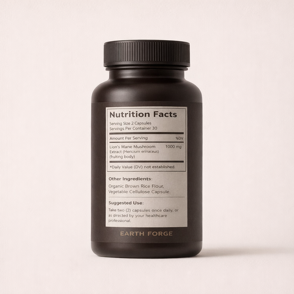 Lion’s Mane mushroom capsules nutrition facts label.