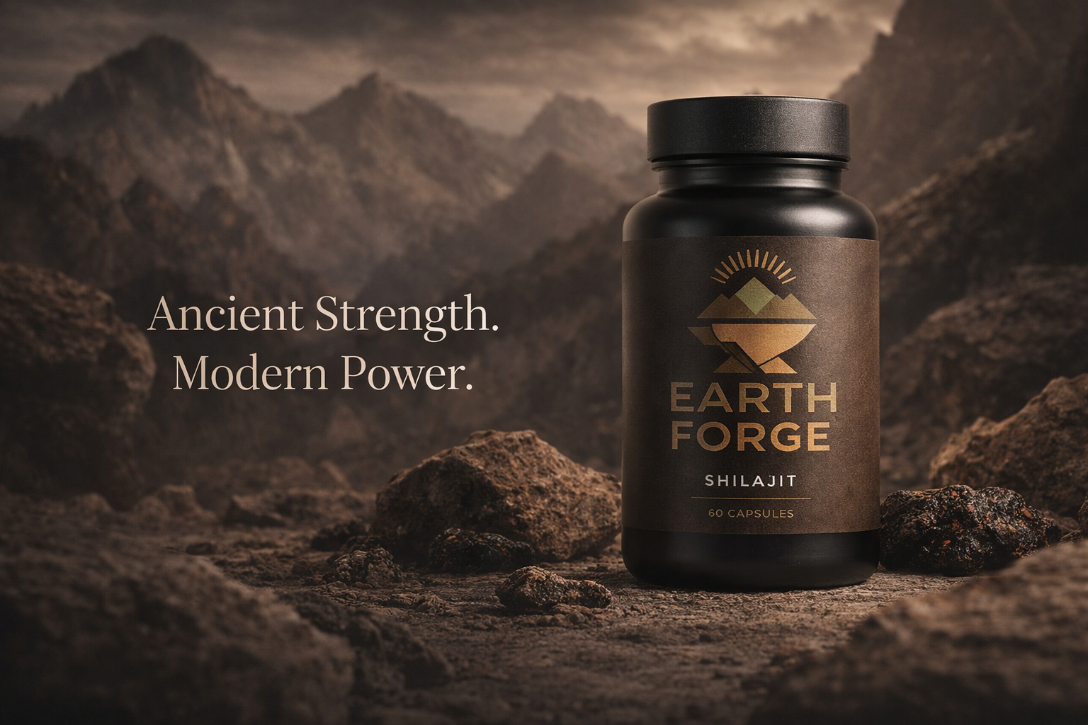 Earth Forge Shilajit bottle with mountainous background